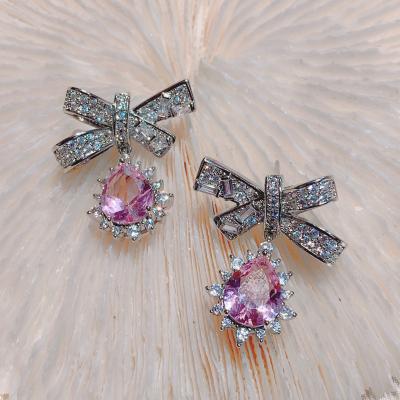 China FASHIONABLE Luxury Jewelry Pink Cubic Zircon Bowknot Earring Ring Set Water Drop Crystal Knot Earring For Party for sale