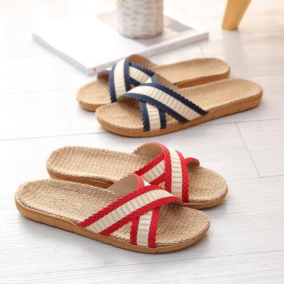 China CUSHIONING Couples Four Seasons Canvas Striped Home Spring SUMMER Woman Indoor Open Toe Slipper for sale