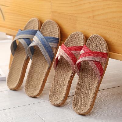 China CUSHIONING Men's Canvas Slippers Family Indoor Wooden Word Platform Summer Couples Sandals Non-slip Slippers for sale