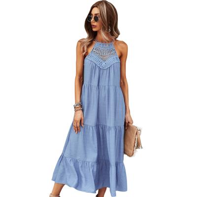 China 2021 Independent Amazon Sustainable Solid Elaborate Design European American Fashion V-Neck Dress Color Big Swing MIDI Pungent Dress for sale