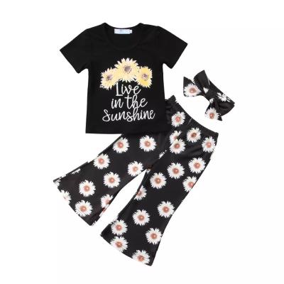 China 2021 summer children's casual sunflower top and black girl's casual dress baby suit pants clothing set for sale