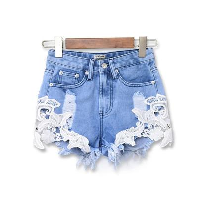 China Breathable fashion flower pattern lace patchwork denim shorts pants women jeans pants summer hollow style for sale