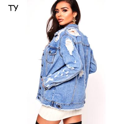 China High Quality Denim Style Women's Oversized Long Fit Jackets Breathable Middle Distressed Ripped Lattice Casual Jacket for sale