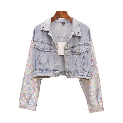 China New breathable multicolor sequin loose short denim jackets for women custom logo long sleeve bat jeans jacket for sale