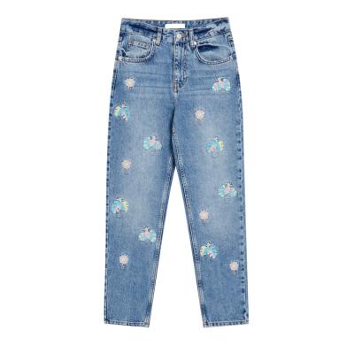 China New mom style waterproof embroidery high-waisted jeans for women non-elastic cotton lattice pants for sale