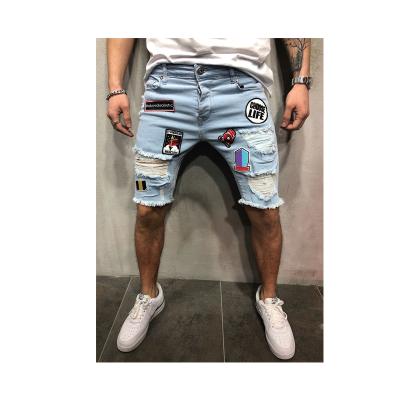 China Xintang Supplier Men's Breathable Summer Cropped Denim Shorts Jeans Patches Light Blue Ripped Slim Fit Shorts Pants for sale