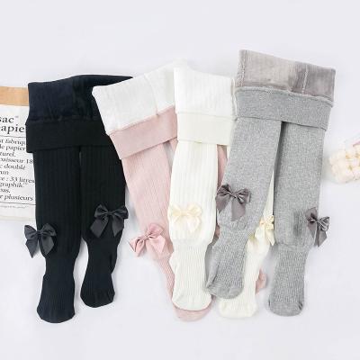 China Lolita Style Baby Kids Autumn Winter Vertical Stripes Plus Thick Velvet Bow Gaiters Girls Pants for sale