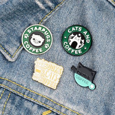 China Cute High Qualiy Cartoon Pug Puppy Cat Coffee Enamel Pin Kitten Creative Cafe Brooch Pin for sale