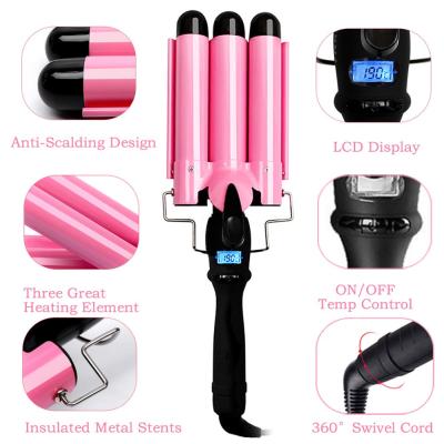 China Professional Nano-Titanium Ceramic Coating Beachwaver Curling Iron Triple Barrels Hair Hesitate Ionic Crimper Hair Iron for sale