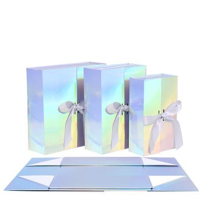 China Laser Color Folding Recyclable Gift Box With Ribbon , Custom Gift Packaging Box Double Opening Apparel Gift Box for sale