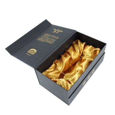 China Recycled Materials Black Cardboard Paper Wine Glass Rigid Packaging Gift Boxes With Silk Insert Customized Cardboard Magnetic Box For Packaging for sale