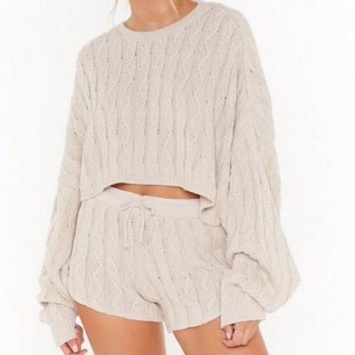 China 2021 Anti-wrinkle cable women knit sweater shorts suit winter wool cashmere knit sweater 2 short pants two-piece set for sale