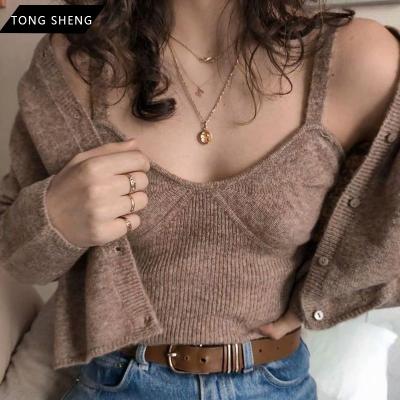 China 2022 Anti-wrinkle New Design Spring Knit Cardigan Sweater Women Crewneck Women Camisole Tank Tops Slim Cardigan Set for sale