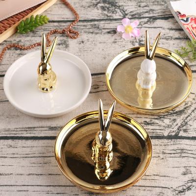 China OEM+ODM+Wholesale Style Nordic Gold Rabbit Gold Rabbit Jewelry Storage Tray Table Top Bathroom Ceramic Ring Holder Jewelry Rack for sale