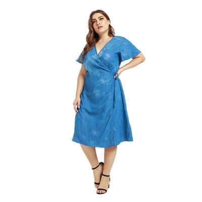 China PS1080301 Blue Bandage Anti-Static Women Summer Midi Casual V-Neck Maxi Short Sleeve Plus Size Dress for sale