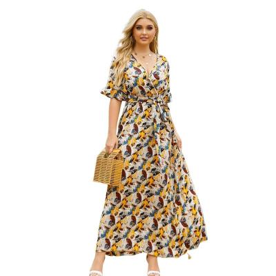 China Sustainable Bandage PS1080405 Short Sleeve Floral Casual Women Long Maxi Plus Size Dresses for sale