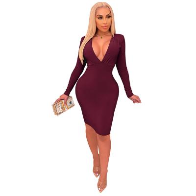 China DR62104 Anti-wrinkle solid color wholesale v-neck long sleeve ball bodycon dresses ladies casual wear for sale