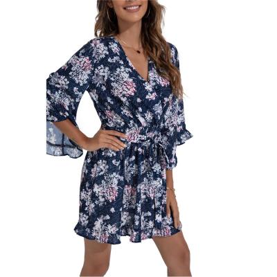 China RD1702013 Women's Anti-Static Clothing Elegant Casual Dresses Short Sleeve Floral Summer Dresses Shape Trimming Dresses Wholesale for sale