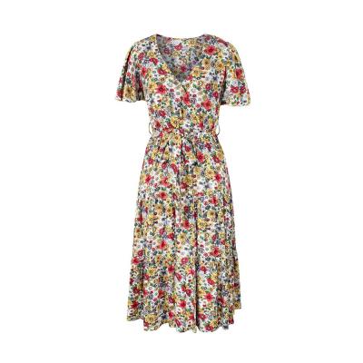 China DR10704064 Anti-Static V-Neck Short Sleeve Ruched Loose Floral Dress Women Summer Casual Dress for sale