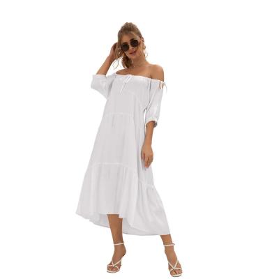 China Wholesale RD1702036 Solid Color Anti-Static Women Off Shoulder Dress Summer Dress Women Maxi White Dress Ruched for sale