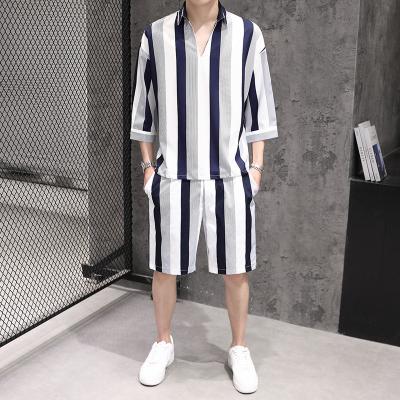 China Men's Breathable Breathable Summer Striped Sets Streetwear Loose Short Sleeve Shirt And Shorts Beach Breathable Set For Men for sale