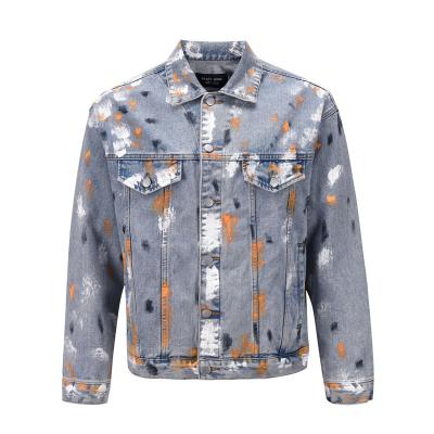 China Plus Size New Plus Size Fashion Ripped Men's Style Leisure Bleached Denim Jacket Custom Paint-Splatter Big Size for sale