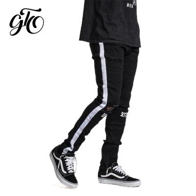 China Breathable Breathable Made In China Ripped Slim Fit Denim Pants Black Jeans With White Side Stripes for sale