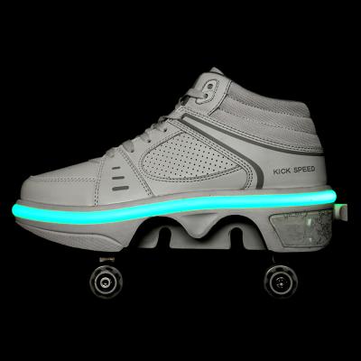 China Fashion Trend Warp LED Light Up Wheeled Shoes Kids Kick 4 Wheels Skate Shoes Roller Skates Flashing Shoes For Kids Adults for sale