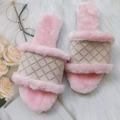 China Original Brand Hot Selling Women's Fur Slippers Pretty Diamond Spring Autumn Chinelos Feminino Warmth Pink Soft Breathable Home Slippers for sale