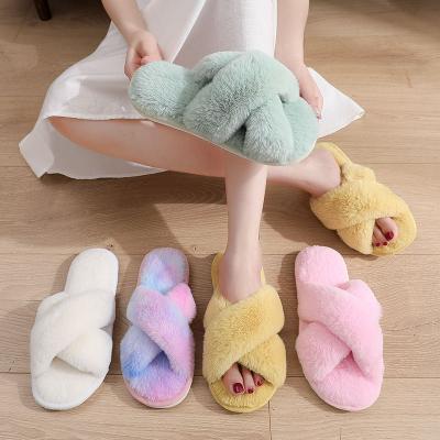 China Breathable Spring Tend Women Home Flip Flops Multi Color Comfortable Warm Crossed Fur Slippers Slippers Pour Ladies Winter Bed Slippers for sale