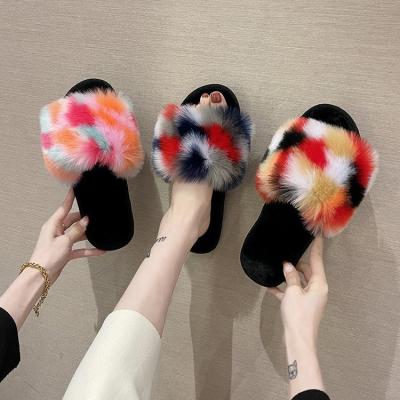 China New Design Colorful Gradient Women's Fur Slippers Breathable Factory Price Lovely Plush Flat Furry Sandals Chinelos Feminino Wholesale for sale