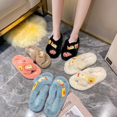 China Custom Fashion Trend Women's Plush Solid Color Soft Wool Slippers Multi Crossed Warm Hairy Slippers Fur Slippers For Ladies for sale