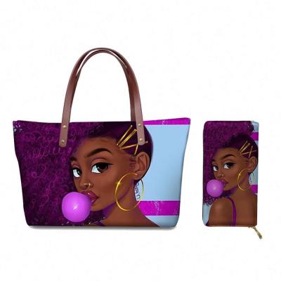 China Durable Handbags 2020 Art Black Pattern Printing African Girl Woman Print Handbag Factory Price Custom Custom Made Women Handbag for sale