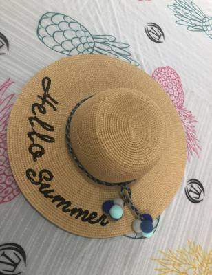 China Picture Embroidery Letters Logo Women Floppy Straw Hat With Ribbon Accessory for sale