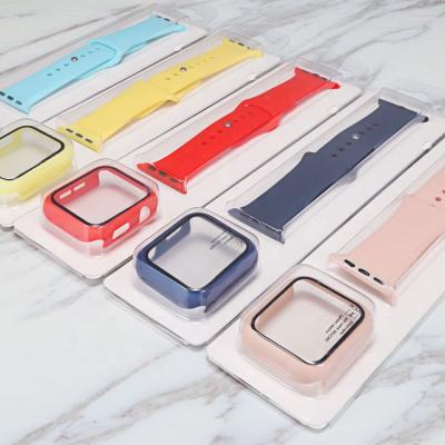 China Solid Color Rubber Rubber Sport 2 In 1 Silicone Watch Case With Screen Protector Glass Watch Bands For Apple Watch Series 38 42 44MM for sale