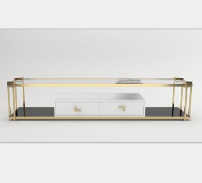 China Modern Mordern Furniture Stainless Steel And Glass MDF Tv Stand For Home And Hotel for sale