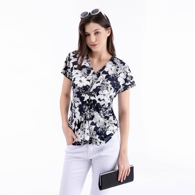 China Elasticity V-Neck Shirt Design Back Floral Knitted Printed Fabric Dress Shirt Women Bats Sheath Oversized Shirts For Women for sale