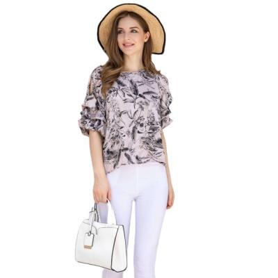 China Black Japan Print Fashion Ladies Shirts Tops Women's Balloon Sleeves/Fabric Balloon Half Sleeve Blouse for sale