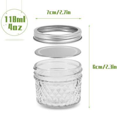 China Sustainable 4OZ Diamond Design Wide Mouth Embossing Glass Mason Jars With 2 Parts Metal Lid for sale