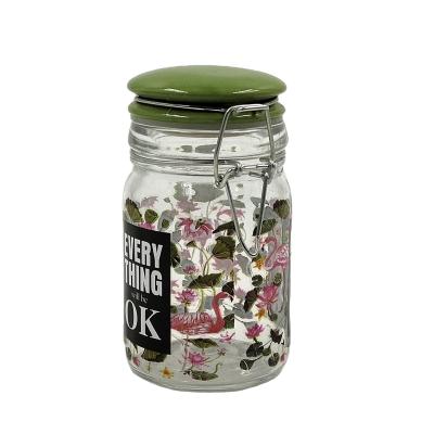 China Freshness Preservation 250ml Small Spice Glass Jar With Airtight Clip Lid For Herb Pattern Printed for sale