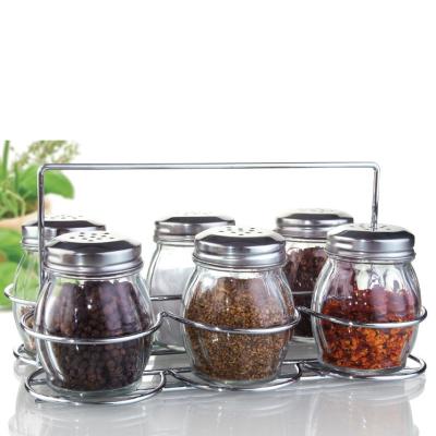 China High Quality Freshness Preservation Spice 6pcs Condiment Serving Storage Glass Jar Set With Holder-Salt &pepper Shaker Jars Holder Set for sale