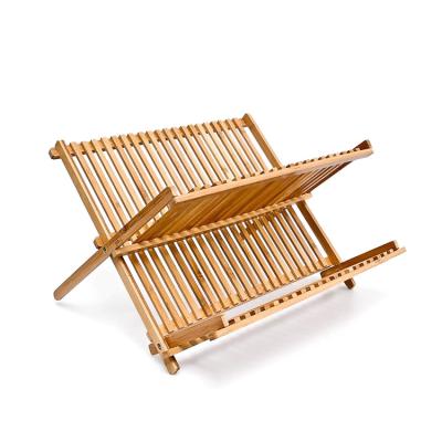 China Eco-Freindly Household Popular Bamboo Two Tier Foldable Kitchen Dish Drying Wooden Rack for sale