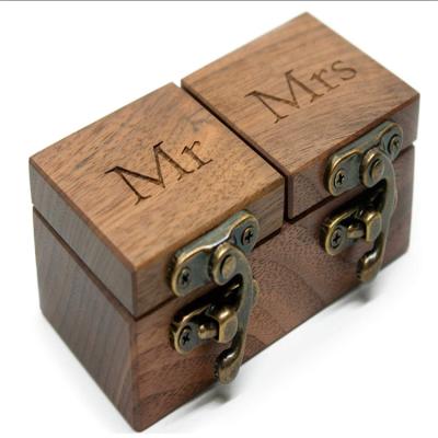 China American Eco-Freindly Retro Anti-Corrosion Copper Double Wooden Button Wedding Ring Box for sale