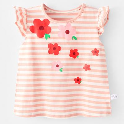 China Summer Children's Clothing Flower Print Vest Girls Breathable Cute Stripe Crew Neck Sleeveless T-shirt for sale