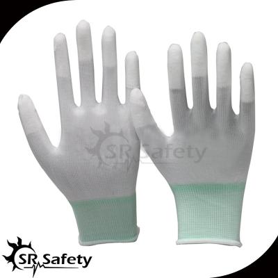 China Small parts handling SRSAFETY PU 13 gauge knitted carbon and nylon coated white PU on finger tips glove, ESD anti-interference for sale