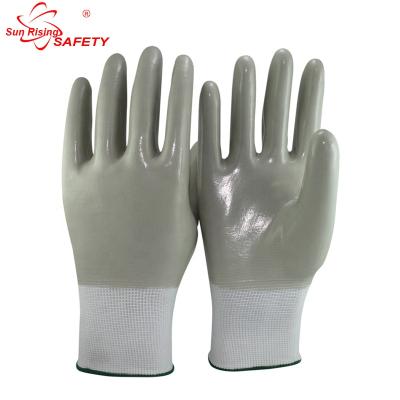 China Smooth Finish SRSAFTY 13G White Nylon Coating Nitrile Gray Nitrile Fully Coated Nitrile Gloves for sale