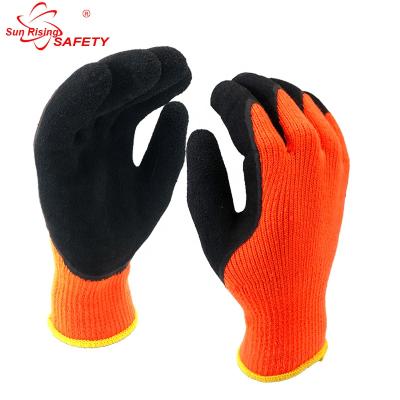 China Ply Finish SRSAFETY Fleece Liner Gloves Orange Thermal Palm Coated Rubber Gloves Winter Working Glove for sale