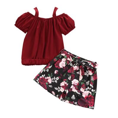 China Vintage Ready To Ship Children's Strap Off Shoulder Girls Pink Shorts Set Children Summer 2 Pieces for sale