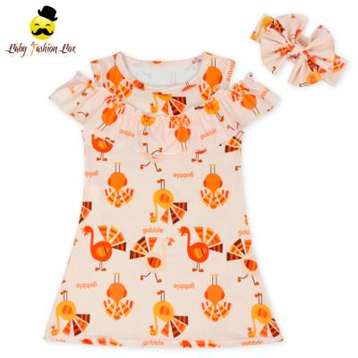 China 48BQA321-2 Thanksgiving Sustainable Print Short Sleeve Off The Shoulder Deer Print Spring Summer Princess Kids Smocked Sundress for sale