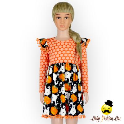 China Breathable Long Sleeve Polka Dot Halloween Dots Tops Pumpkin Printed Bottom Natural Dress Designs For Girls for sale